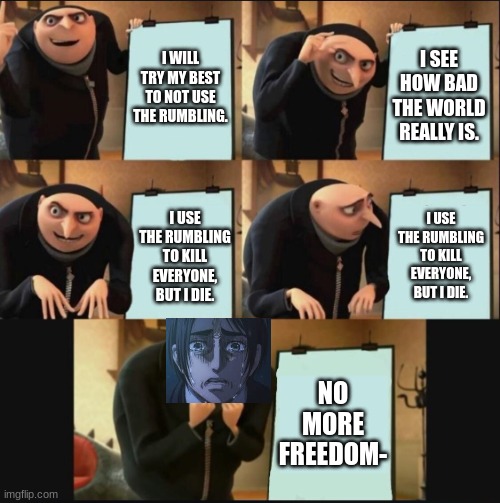 5 panel gru meme | I WILL TRY MY BEST TO NOT USE THE RUMBLING. I SEE HOW BAD THE WORLD REALLY IS. I USE THE RUMBLING TO KILL EVERYONE, BUT I DIE. I USE THE RUMBLING TO KILL EVERYONE, BUT I DIE. NO MORE FREEDOM- | image tagged in 5 panel gru meme,aot,anime | made w/ Imgflip meme maker