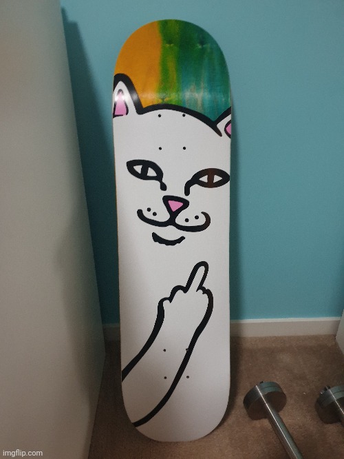 My new skate deck (put in dark humour due to middle finger idk) | image tagged in skateboard,skateboarding,skate,new | made w/ Imgflip meme maker