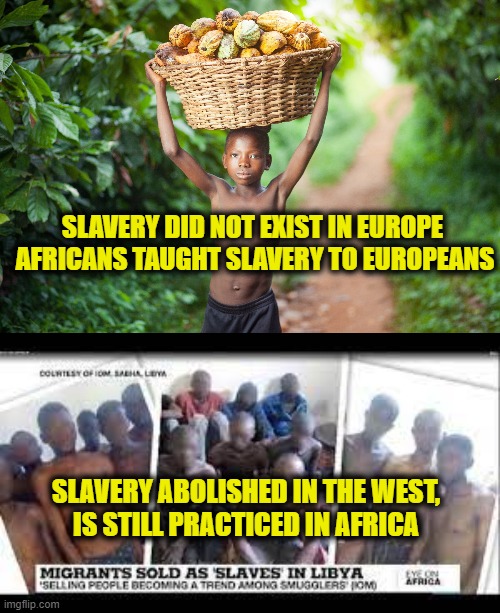 Mother Africa | SLAVERY DID NOT EXIST IN EUROPE 
AFRICANS TAUGHT SLAVERY TO EUROPEANS; SLAVERY ABOLISHED IN THE WEST,
IS STILL PRACTICED IN AFRICA | image tagged in slavery | made w/ Imgflip meme maker