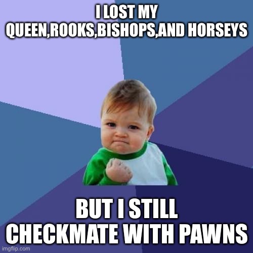 Thats impossible bro. | I LOST MY QUEEN,ROOKS,BISHOPS,AND HORSEYS; BUT I STILL CHECKMATE WITH PAWNS | image tagged in memes,success kid | made w/ Imgflip meme maker