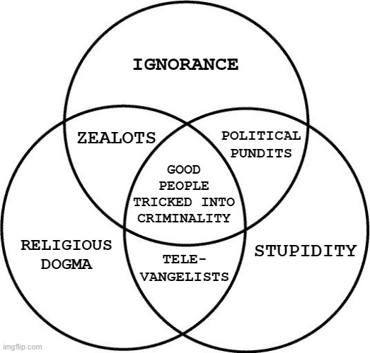 Mapping it out. | IGNORANCE; ZEALOTS; POLITICAL PUNDITS; GOOD PEOPLE TRICKED INTO CRIMINALITY; STUPIDITY; RELIGIOUS DOGMA; TELE- VANGELISTS | image tagged in venn diagram | made w/ Imgflip meme maker