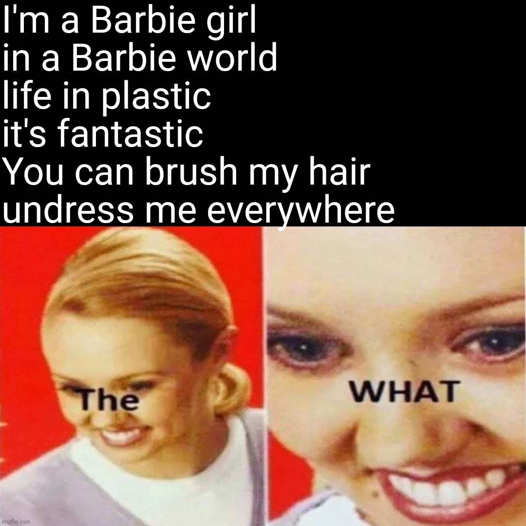 The What | I'm a Barbie girl
in a Barbie world
life in plastic
it's fantastic
You can brush my hair
undress me everywhere | image tagged in the what,barbie,barbie meme week,barbie week,aqua | made w/ Imgflip meme maker