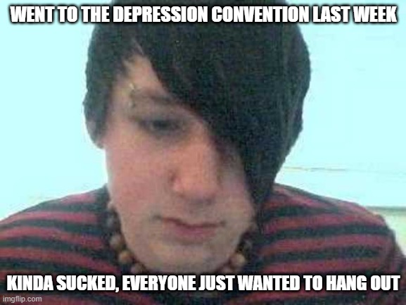 Depression Convention | WENT TO THE DEPRESSION CONVENTION LAST WEEK; KINDA SUCKED, EVERYONE JUST WANTED TO HANG OUT | image tagged in emo kid | made w/ Imgflip meme maker