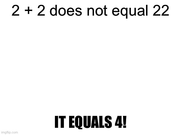 2 + 2 = 22 is invalid | 2 + 2 does not equal 22; IT EQUALS 4! | made w/ Imgflip meme maker