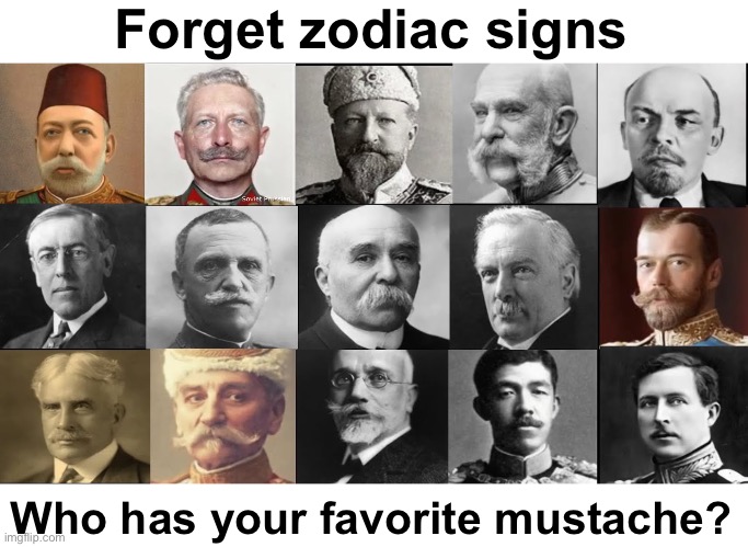 Woodrow Wilson being the only odd one out be like: | Forget zodiac signs; Who has your favorite mustache? | image tagged in ww1,mustache,nice | made w/ Imgflip meme maker