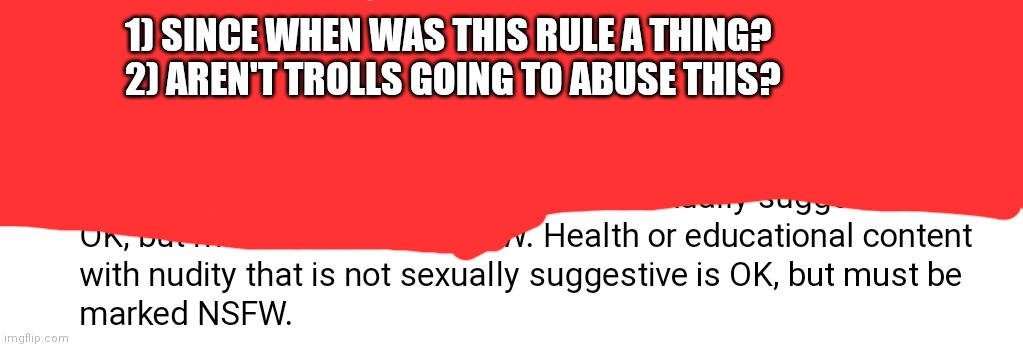 Thoughts? | 1) SINCE WHEN WAS THIS RULE A THING?
2) AREN'T TROLLS GOING TO ABUSE THIS? | image tagged in rules | made w/ Imgflip meme maker