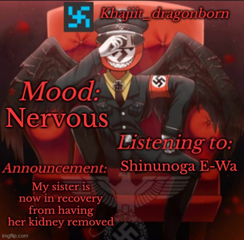Khajiit_dragonborn announcement temp. | Nervous; Shinunoga E-Wa; My sister is now in recovery from having her kidney removed | image tagged in khajiit_dragonborn announcement temp | made w/ Imgflip meme maker