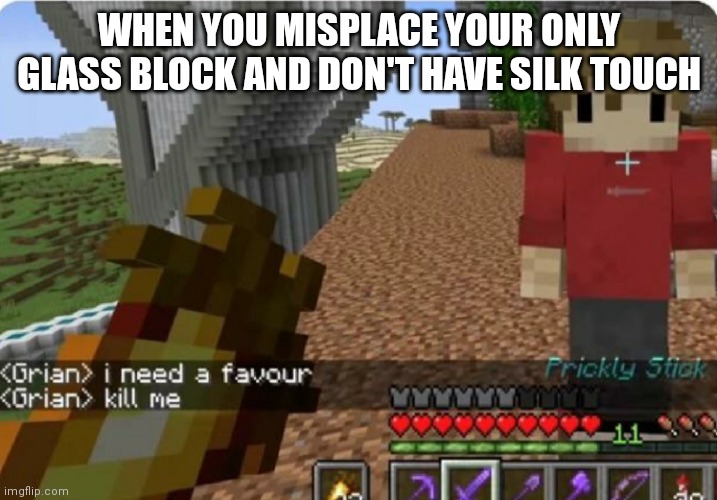 grian kill me | WHEN YOU MISPLACE YOUR ONLY GLASS BLOCK AND DON'T HAVE SILK TOUCH | image tagged in grian kill me | made w/ Imgflip meme maker