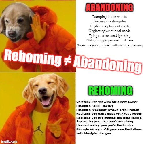 Dog Drake Hotline Bling | ABANDONING; Dumping in the woods
Tossing in a dumpster
Neglecting physical needs
Neglecting emotional needs
Tying to a tree and ignoring
Not giving proper medical care
"Free to a good home" without interviewing; Rehoming ≠ Abandoning; REHOMING; Carefully interviewing for a new owner
Finding a no-kill shelter
Finding a reputable rescue organization
Realizing you can't meet your pet's needs
Realizing you are making the right choice
Separating pets that don't get along
Understanding your pet's limits with 
lifestyle changes OR your own limitations 
with lifestyle changes | image tagged in dog drake hotline bling | made w/ Imgflip meme maker