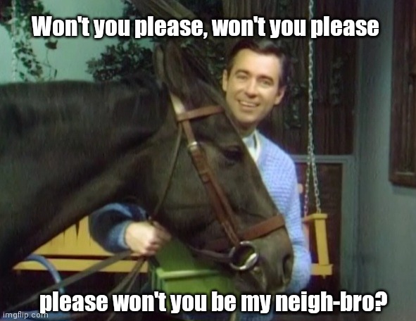 Mr Rogers Neigh Bro | Won't you please, won't you please; please won't you be my neigh-bro? | image tagged in funny | made w/ Imgflip meme maker