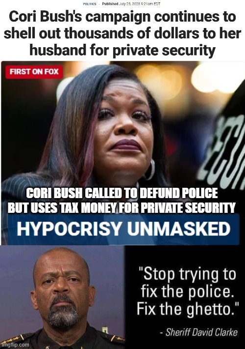 Your Tax Dollars At Work | CORI BUSH CALLED TO DEFUND POLICE BUT USES TAX MONEY FOR PRIVATE SECURITY | image tagged in cori,liberals,leftists,police,democrats,bush | made w/ Imgflip meme maker
