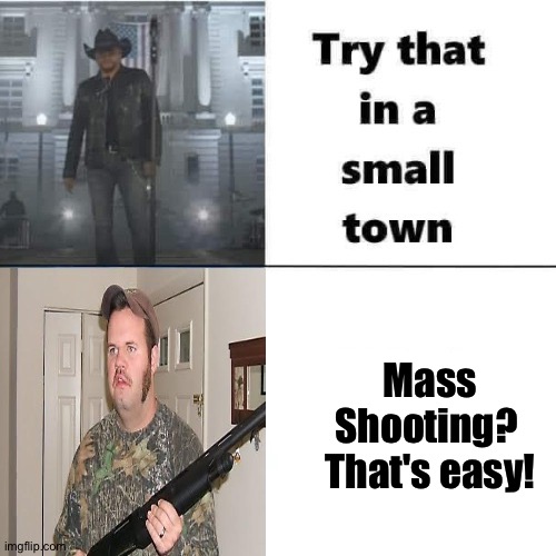 Try that in a small town | Mass Shooting?  That's easy! | image tagged in rednecks of a feather flocking together | made w/ Imgflip meme maker