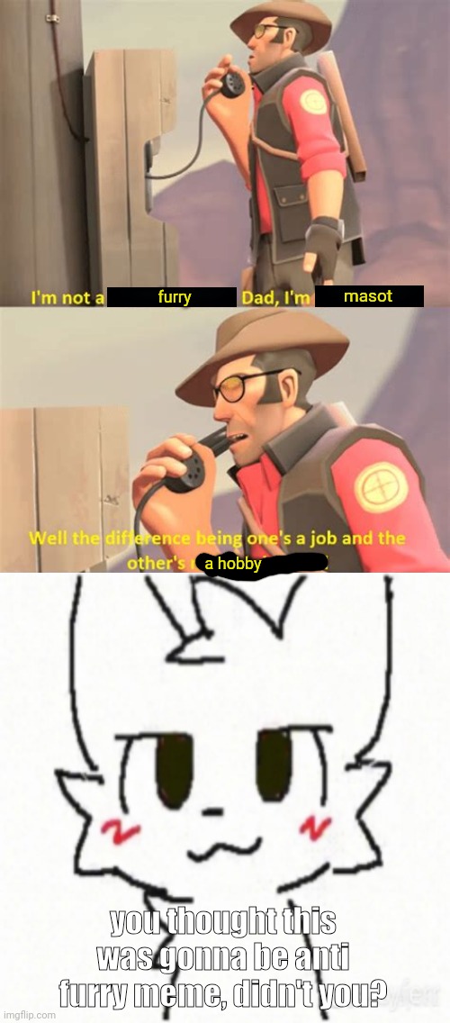 masot; furry; a hobby; you thought this was gonna be anti furry meme, didn't you? | image tagged in tf2 sniper,boy kisser | made w/ Imgflip meme maker