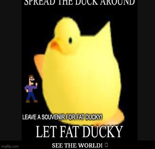 Reposted from fnaf, also bottom text got cut off in screenshot so stick with small text | SEE THE WORLD! | image tagged in fat ducky,repost to other streams | made w/ Imgflip meme maker