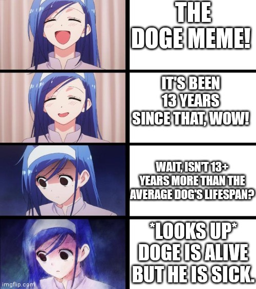Please don't take another legend from us | THE DOGE MEME! IT'S BEEN 13 YEARS SINCE THAT, WOW! WAIT, ISN'T 13+ YEARS MORE THAN THE AVERAGE DOG'S LIFESPAN? *LOOKS UP* DOGE IS ALIVE BUT HE IS SICK. | image tagged in anime girl getting sadder,memes,sad | made w/ Imgflip meme maker