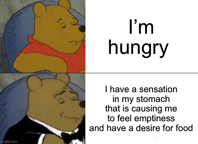 Hungry | I’m hungry; I have a sensation in my stomach that is causing me to feel emptiness and have a desire for food | image tagged in memes,tuxedo winnie the pooh | made w/ Imgflip meme maker