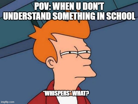 Futurama Fry Meme | POV: WHEN U DON'T UNDERSTAND SOMETHING IN SCHOOL; *WHISPERS* WHAT? | image tagged in memes,futurama fry | made w/ Imgflip meme maker