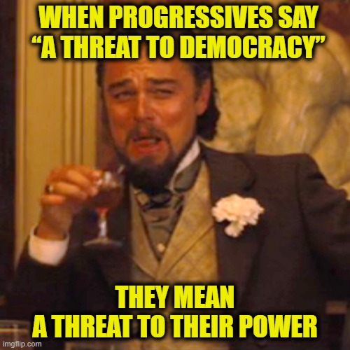 Lost in Translation | WHEN PROGRESSIVES SAY
“A THREAT TO DEMOCRACY”; THEY MEAN
A THREAT TO THEIR POWER | image tagged in memes,laughing leo | made w/ Imgflip meme maker