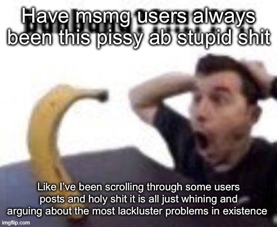 banbana??!!!???!! | Have msmg users always been this pissy ab stupid shit; Like I’ve been scrolling through some users posts and holy shit it is all just whining and arguing about the most lackluster problems in existence | image tagged in banbana | made w/ Imgflip meme maker