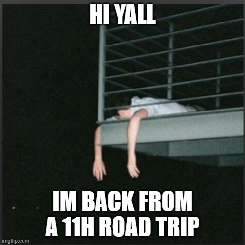 how are yall doin' | HI YALL; IM BACK FROM A 11H ROAD TRIP | image tagged in tired | made w/ Imgflip meme maker