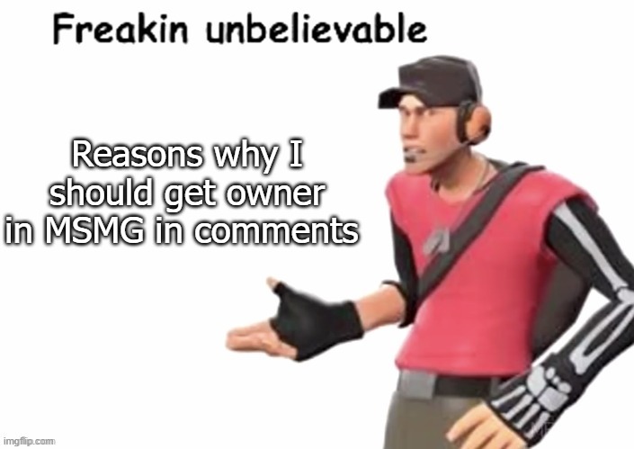 freakin unbelievable | Reasons why I should get owner in MSMG in comments | image tagged in freakin unbelievable | made w/ Imgflip meme maker