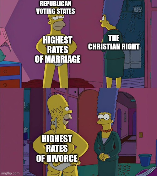 One problem is that when one is pressured into getting married, they regret it and want a divorce | REPUBLICAN VOTING STATES; HIGHEST RATES OF MARRIAGE; THE CHRISTIAN RIGHT; HIGHEST RATES OF DIVORCE | image tagged in homer simpson's back fat,the south,christianity,conservatives,marriage,irony | made w/ Imgflip meme maker