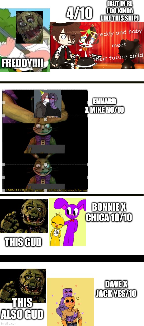 springtrap (me) react to fnaf ships 2 | (BUT IN RL I DO KINDA LIKE THIS SHIP); 4/10; FREDDY!!!! ENNARD X MIKE NO/10; BONNIE X CHICA 10/10; THIS GUD; DAVE X JACK YES/10; THIS ALSO GUD | image tagged in fnaf,ships,springtrap,reaction | made w/ Imgflip meme maker