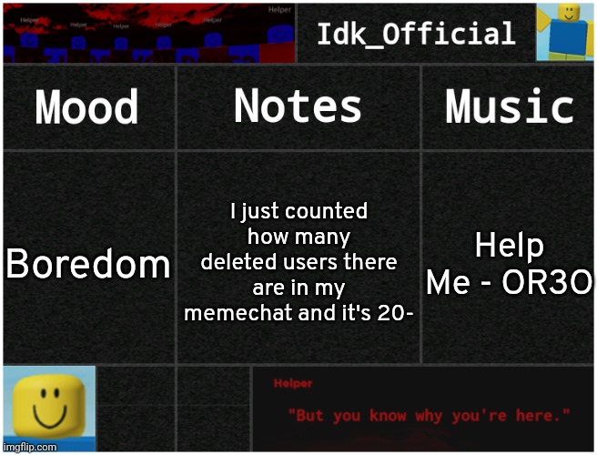 Idk's Helper Template | I just counted how many deleted users there are in my memechat and it's 20-; Boredom; Help Me - OR3O | image tagged in idk's helper template,idk,stuff,s o u p,carck | made w/ Imgflip meme maker