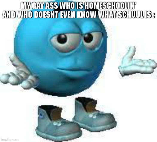 Emoji guy shrug | MY GAY ASS WHO IS HOMESCHOOLIN' AND WHO DOESNT EVEN KNOW WHAT SCHUUL IS : | image tagged in emoji guy shrug | made w/ Imgflip meme maker