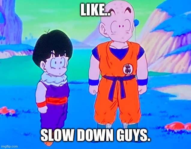 Krillin And Gohan confused | LIKE.. SLOW DOWN GUYS. | image tagged in krillin and gohan confused | made w/ Imgflip meme maker