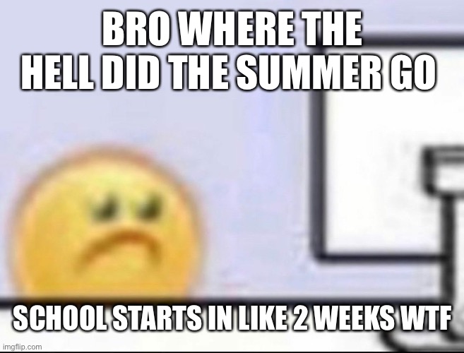 Zad | BRO WHERE THE HELL DID THE SUMMER GO; SCHOOL STARTS IN LIKE 2 WEEKS WTF | image tagged in zad | made w/ Imgflip meme maker