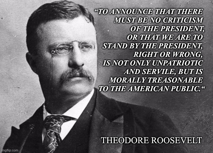 Theo says… | “TO ANNOUNCE THAT THERE 
MUST BE NO CRITICISM 
OF THE PRESIDENT,
OR THAT WE ARE TO 
STAND BY THE PRESIDENT, 
RIGHT OR WRONG, 
IS NOT ONLY UNPATRIOTIC 
AND SERVILE, BUT IS 
MORALLY TREASONABLE 
TO THE AMERICAN PUBLIC.“; THEODORE ROOSEVELT | image tagged in theodore roosevelt | made w/ Imgflip meme maker
