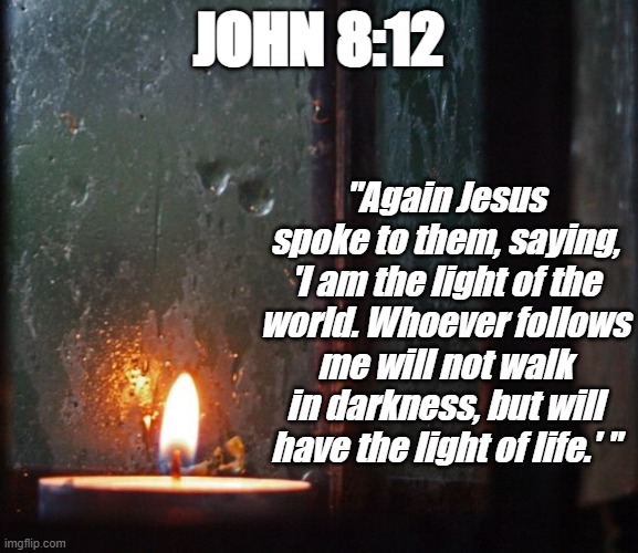 Bible Verse of the Day | JOHN 8:12; "Again Jesus spoke to them, saying, 'I am the light of the world. Whoever follows me will not walk in darkness, but will have the light of life.' " | image tagged in jesus christ,bible verse,inspirational,christian | made w/ Imgflip meme maker