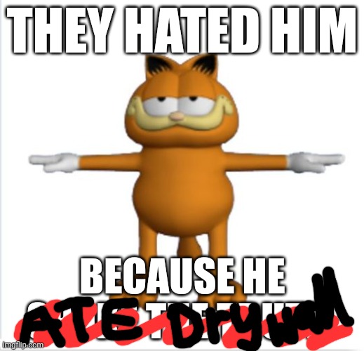 Garfield lore | THEY HATED HIM; BECAUSE HE SPOKE THE TRUTH | image tagged in garfield t-pose,garfield,lore,drywall,stop it get some help | made w/ Imgflip meme maker