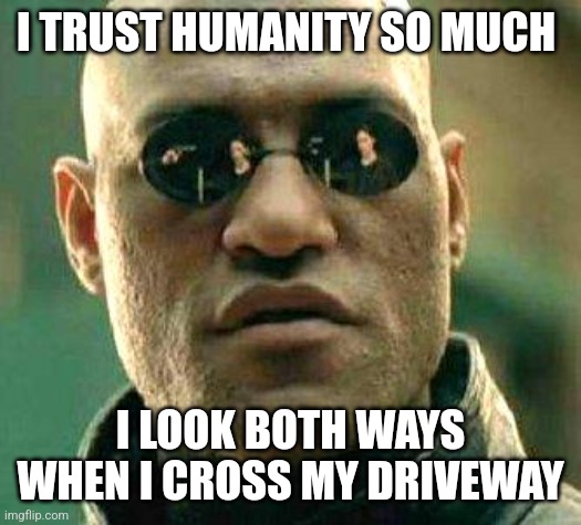 What if i told you | I TRUST HUMANITY SO MUCH; I LOOK BOTH WAYS WHEN I CROSS MY DRIVEWAY | image tagged in what if i told you | made w/ Imgflip meme maker