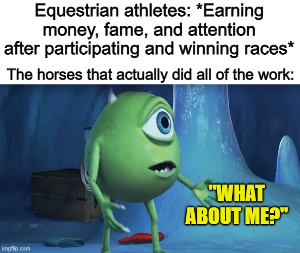 I guess a pat on the head isn't good enough for a horse :( | Equestrian athletes: *Earning money, fame, and attention after participating and winning races*; The horses that actually did all of the work:; "WHAT ABOUT ME?" | image tagged in what about me monsters inc | made w/ Imgflip meme maker