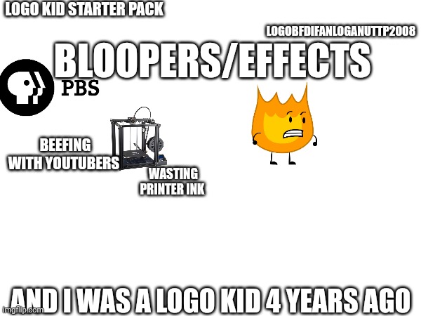 Logo kids | LOGO KID STARTER PACK; LOGOBFDIFANLOGANUTTP2008; BLOOPERS/EFFECTS; BEEFING WITH YOUTUBERS; WASTING PRINTER INK; AND I WAS A LOGO KID 4 YEARS AGO | image tagged in logo | made w/ Imgflip meme maker