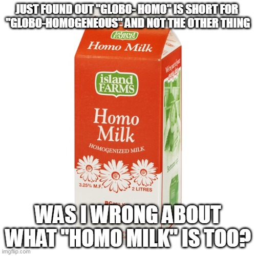 Globalism Blackrock Style | JUST FOUND OUT "GLOBO- HOMO" IS SHORT FOR 
"GLOBO-HOMOGENEOUS" AND NOT THE OTHER THING; WAS I WRONG ABOUT WHAT "HOMO MILK" IS TOO? | image tagged in funny | made w/ Imgflip meme maker