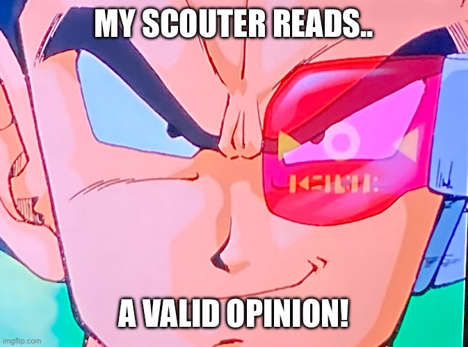 My scouter/DBZ Kai | MY SCOUTER READS.. A VALID OPINION! | image tagged in my scouter reads,vegeta,dbz,dragon ball z,dbz kai,dragon ball z kai | made w/ Imgflip meme maker