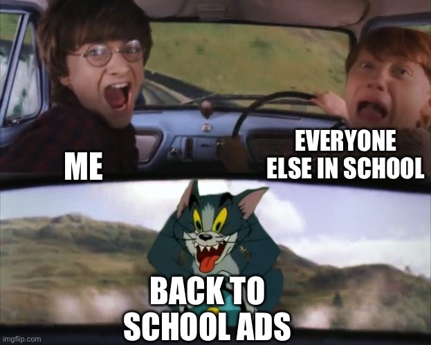 Tom chasing Harry and Ron Weasly | EVERYONE ELSE IN SCHOOL; ME; BACK TO SCHOOL ADS | image tagged in tom chasing harry and ron weasly | made w/ Imgflip meme maker