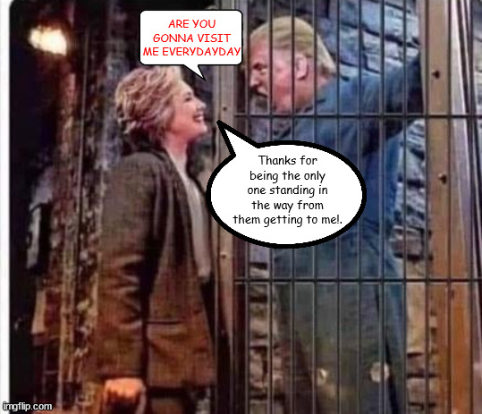 I'm the only one standing in the way.. | ARE YOU GONNA VISIT ME EVERYDAYDAY; Thanks for being the only one standing in the way from them getting to me!. | image tagged in donald trump,hillary clinton,convicted,prison,maga,revenge | made w/ Imgflip meme maker