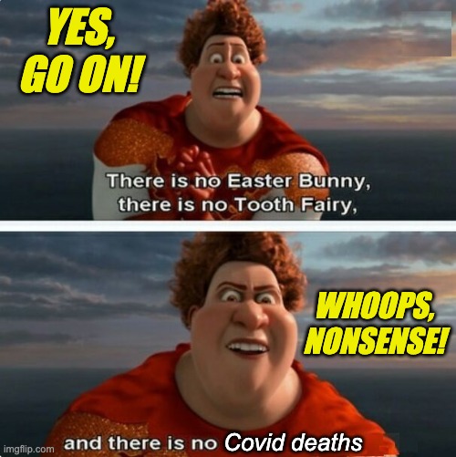 TIGHTEN MEGAMIND "THERE IS NO EASTER BUNNY" | YES, GO ON! Covid deaths WHOOPS,
NONSENSE! | image tagged in tighten megamind there is no easter bunny | made w/ Imgflip meme maker