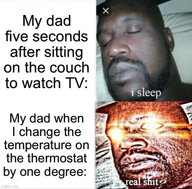 I thought the “I sleep” part was appropriate lol | My dad five seconds after sitting on the couch to watch TV:; My dad when I change the temperature on the thermostat by one degree: | image tagged in memes,sleeping shaq,funny,true story,relatable memes,dad | made w/ Imgflip meme maker