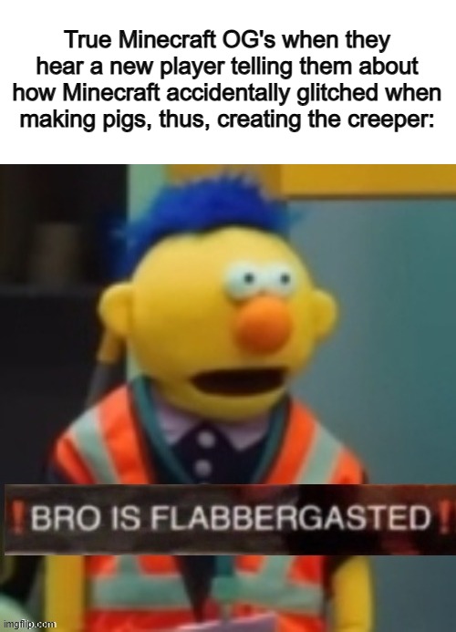 Totally didn't already know that :O | True Minecraft OG's when they hear a new player telling them about how Minecraft accidentally glitched when making pigs, thus, creating the creeper: | image tagged in flabbergasted yellow guy | made w/ Imgflip meme maker