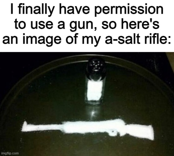 I'll be able to hunt some deer now ;) | I finally have permission to use a gun, so here's an image of my a-salt rifle: | made w/ Imgflip meme maker