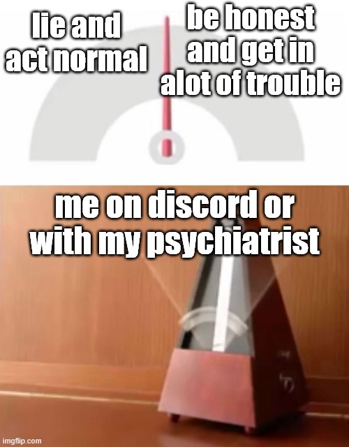 me irl | be honest and get in alot of trouble; lie and act normal; me on discord or with my psychiatrist | image tagged in metronome,me irl | made w/ Imgflip meme maker