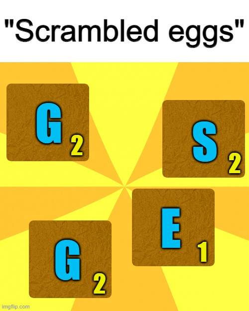 This is too much effort for a dumb pun :/ | "Scrambled eggs"; G; S; 2; 2; E; 1; G; 2 | image tagged in yellow background | made w/ Imgflip meme maker