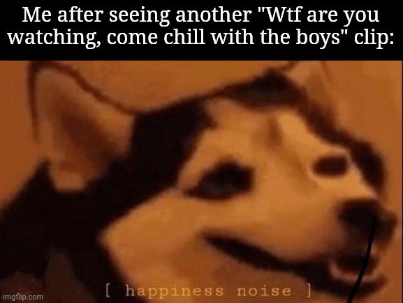 The music is immaculate | Me after seeing another "Wtf are you watching, come chill with the boys" clip: | image tagged in happiness noise | made w/ Imgflip meme maker
