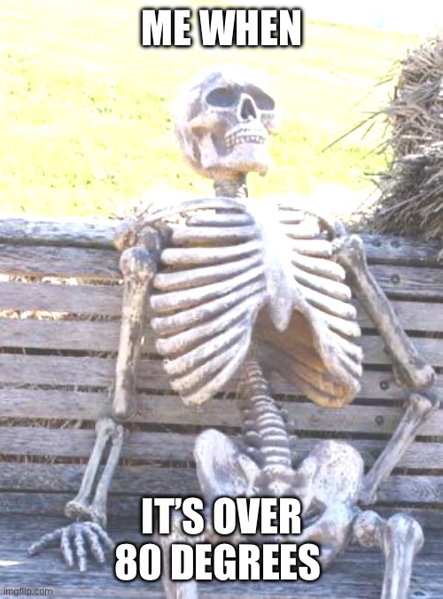 Waiting Skeleton Meme | ME WHEN; IT’S OVER 80 DEGREES | image tagged in memes,waiting skeleton | made w/ Imgflip meme maker
