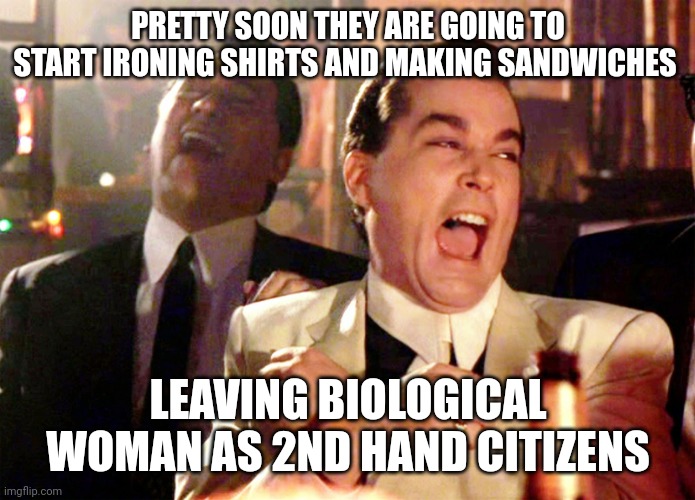 Good Fellas Hilarious Meme | PRETTY SOON THEY ARE GOING TO START IRONING SHIRTS AND MAKING SANDWICHES LEAVING BIOLOGICAL WOMAN AS 2ND HAND CITIZENS | image tagged in memes,good fellas hilarious | made w/ Imgflip meme maker